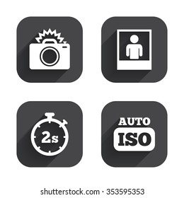 Photo camera icon. Flash light and Auto ISO symbols. Stopwatch timer 2 seconds sign. Human portrait photo frame. Square flat buttons with long shadow.
