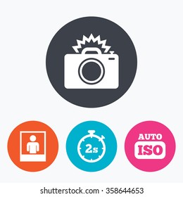 Photo camera icon. Flash light and Auto ISO symbols. Stopwatch timer 2 seconds sign. Human portrait photo frame. Circle flat buttons with icon.