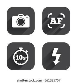 Photo camera icon. Flash light and autofocus AF symbols. Stopwatch timer 10 seconds sign. Square flat buttons with long shadow.