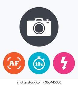 Photo camera icon. Flash light and autofocus AF symbols. Stopwatch timer 10 seconds sign. Circle flat buttons with icon.