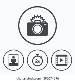 Photo camera icon. Flash light and video frame symbols. Stopwatch timer 2 seconds sign. Human portrait photo frame. Icons in circles.