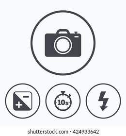 Photo camera icon. Flash light and exposure symbols. Stopwatch timer 10 seconds sign. Icons in circles.