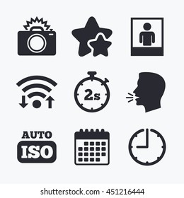 Photo camera icon. Flash light and Auto ISO symbols. Stopwatch timer 2 seconds sign. Human portrait photo frame. Wifi internet, favorite stars, calendar and clock. Talking head. Vector