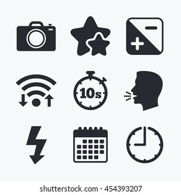 Photo camera icon. Flash light and exposure symbols. Stopwatch timer 10 seconds sign. Wifi internet, favorite stars, calendar and clock. Talking head. Vector
