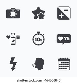 Photo camera icon. Flash light and exposure symbols. Stopwatch timer 10 seconds sign. Flat talking head, calendar icons. Stars, like counter icons. Vector