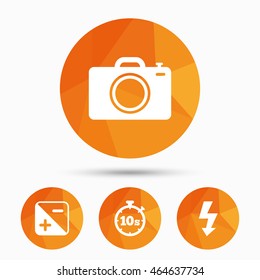 Photo camera icon. Flash light and exposure symbols. Stopwatch timer 10 seconds sign. Triangular low poly buttons with shadow. Vector
