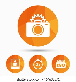 Photo camera icon. Flash light and Auto ISO symbols. Stopwatch timer 2 seconds sign. Human portrait photo frame. Triangular low poly buttons with shadow. Vector