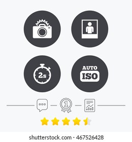 Photo camera icon. Flash light and Auto ISO symbols. Stopwatch timer 2 seconds sign. Human portrait photo frame. Chat, award medal and report linear icons. Star vote ranking. Vector