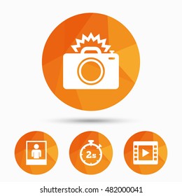 Photo camera icon. Flash light and video frame symbols. Stopwatch timer 2 seconds sign. Human portrait photo frame. Triangular low poly buttons with shadow. Vector