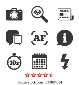 Photo camera icon. Flash light and autofocus AF symbols. Stopwatch timer 10 seconds sign. Newspaper, information and calendar icons. Investigate magnifier, chat symbol. Vector