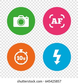 Photo camera icon. Flash light and autofocus AF symbols. Stopwatch timer 10 seconds sign. Round buttons on transparent background. Vector