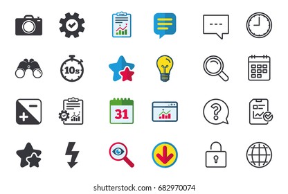 Photo camera icon. Flash light and exposure symbols. Stopwatch timer 10 seconds sign. Chat, Report and Calendar signs. Stars, Statistics and Download icons. Question, Clock and Globe. Vector