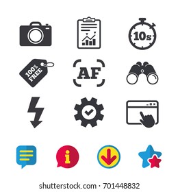 Photo camera icon. Flash light and autofocus AF symbols. Stopwatch timer 10 seconds sign. Browser window, Report and Service signs. Binoculars, Information and Download icons. Stars and Chat. Vector