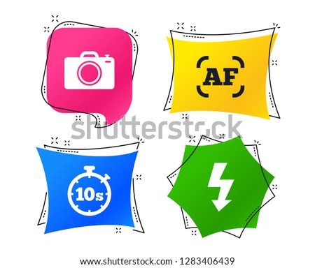 Photo camera icon. Flash light and autofocus AF symbols. Stopwatch timer 10 seconds sign. Geometric colorful tags. Banners with flat icons. Trendy design. Vector