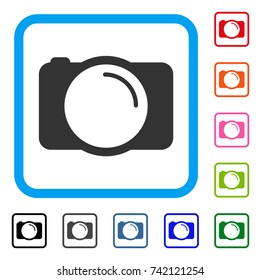 Photo Camera icon. Flat gray pictogram symbol in a light blue rounded rectangle. Black, gray, green, blue, red, orange color variants of Photo Camera vector. Designed for web and software UI.