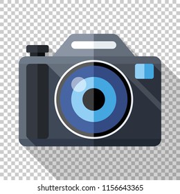 Photo camera icon in flat style with long shadow on transparent background