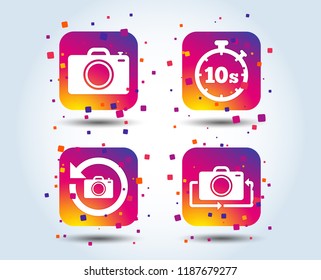 Photo camera icon. Flip turn or refresh symbols. Stopwatch timer 10 seconds sign. Colour gradient square buttons. Flat design concept. Vector