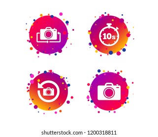 Photo camera icon. Flip turn or refresh symbols. Stopwatch timer 10 seconds sign. Gradient circle buttons with icons. Random dots design. Vector