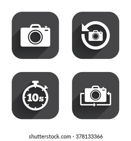 Photo camera icon. Flip turn or refresh symbols. Stopwatch timer 10 seconds sign. Square flat buttons with long shadow.