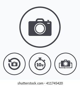 Photo camera icon. Flip turn or refresh symbols. Stopwatch timer 10 seconds sign. Icons in circles.