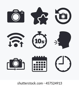 Photo camera icon. Flip turn or refresh symbols. Stopwatch timer 10 seconds sign. Wifi internet, favorite stars, calendar and clock. Talking head. Vector