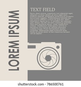 Photo camera icon. Gadget silhouette with lens aperture. Field for text. Modern brochure, report or leaflet design template.