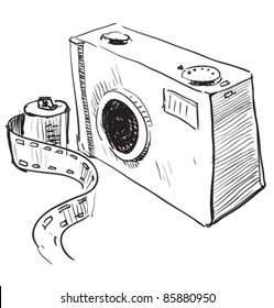 Photo camera icon. Hand drawing cartoon sketch illustration in childish doodle style