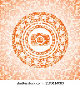 photo camera icon inside abstract emblem, orange mosaic background