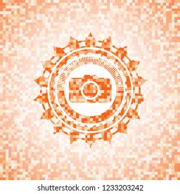 photo camera icon inside abstract emblem, orange mosaic background