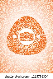 photo camera icon inside abstract emblem, orange mosaic background
