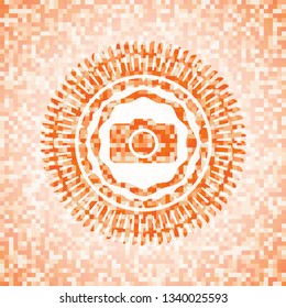photo camera icon inside abstract orange mosaic emblem
