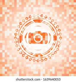 photo camera icon inside abstract orange mosaic emblem with background
