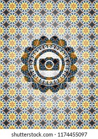 photo camera icon inside arabesque badge background. arabic decoration.