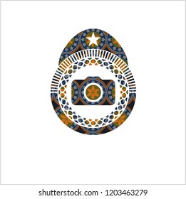 photo camera icon inside arabesque style badge. arabic decoration.