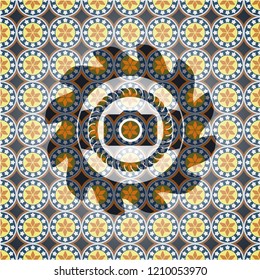 photo camera icon inside arabesque badge. arabic decoration.