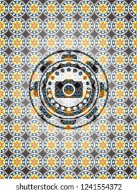 photo camera icon inside arabesque style emblem. arabic decoration.