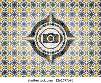 photo camera icon inside arabesque style emblem. arabic decoration.