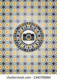 photo camera icon inside arabesque badge background. arabic decoration.