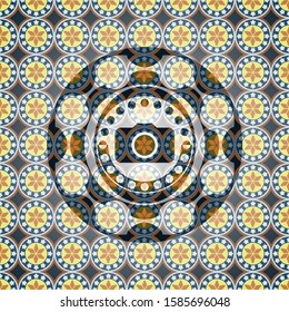 photo camera icon inside arabesque style emblem. arabic decoration.