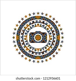 photo camera icon inside arabic badge. Arabesque decoration.