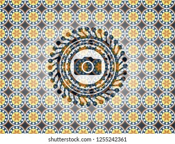 photo camera icon inside arabic badge background. Arabesque decoration.