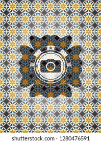 photo camera icon inside arabic style emblem. Arabesque decoration.