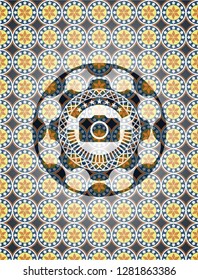 photo camera icon inside arabic badge. Arabesque decoration.