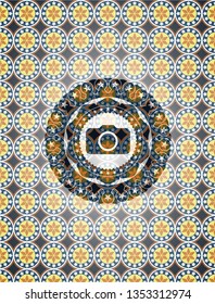 photo camera icon inside arabic style emblem. Arabesque decoration.