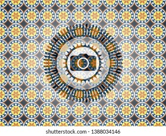 photo camera icon inside arabic style badge. Arabesque decoration.