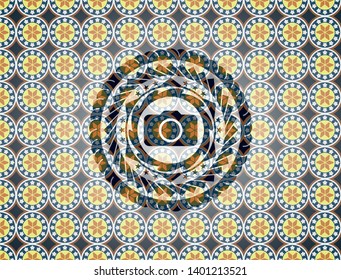 photo camera icon inside arabic style emblem. Arabesque decoration.