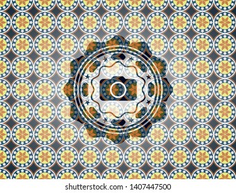 photo camera icon inside arabic style emblem. Arabesque decoration.
