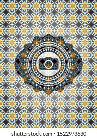 photo camera icon inside arabic badge background. Arabesque decoration.