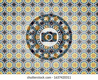 photo camera icon inside arabic style badge. Arabesque decoration.