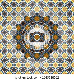 photo camera icon inside arabic style badge. Arabesque decoration.